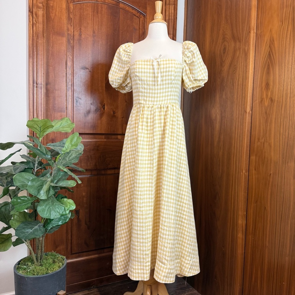💋Reformation Marella puff sleeve linen Yellow Checkered gingham Dress. Size 6 - Picture 5 of 12